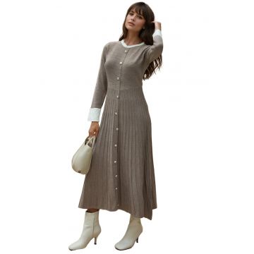 Rochie maxi tricotata -  texturata - maro melange - material tricot