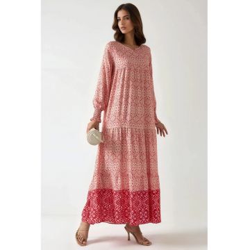 Rochie maxi  viscoza - guler rotund - roz - maneci lungi