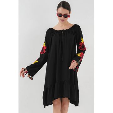 Rochie midi brodata dama -  cu volane - poliester/viscoza - multicolor
