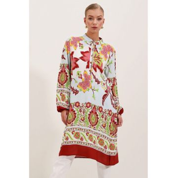 Rochie midi -  brodata - maneci lungi - visiniu - muselina