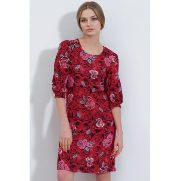 Rochie midi  cu broderie florala - maneci trei sferturi - rosu - jerseu