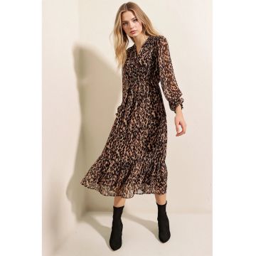 Rochie midi  cu decolteu in V - inchidere cu nasturi - maro - poliester -