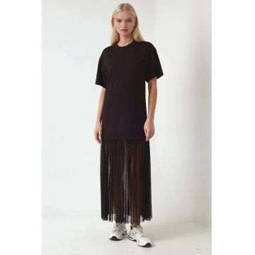 Rochie midi -  cu fusta din tul - confortabila - neagra - din jerseu