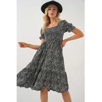 Rochie midi  cu guler patrat - model floral - negru - viscoza