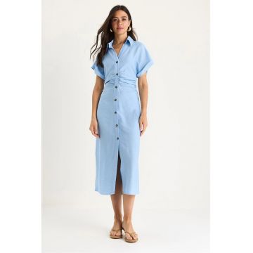 Rochie midi cu nasturi dama -  decolteu in V - poplin - albastru