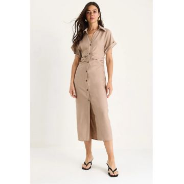 Rochie midi cu nasturi dama -  decolteu in V - poplin - bej