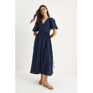 Rochie midi dama -  bumbac - decolteu in V - bleumarin -