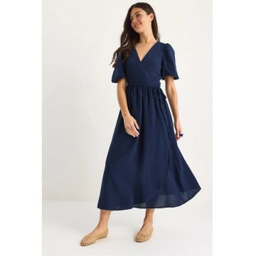 Rochie midi dama -  bumbac - decolteu in V - bleumarin