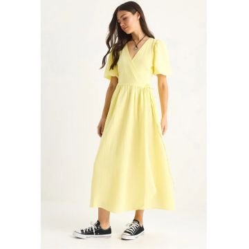 Rochie midi dama -  bumbac - decolteu in V - galben
