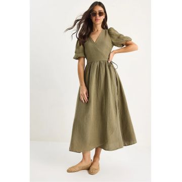 Rochie midi dama -  bumbac - decolteu in V - verde