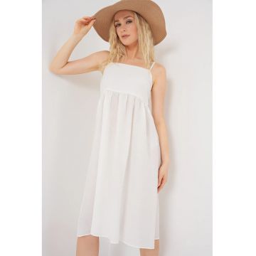 Rochie midi dama -  cu decolteu patrat - viscoza/nylon - alb