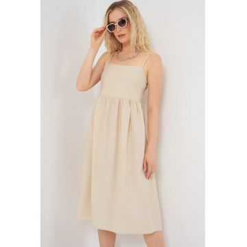 Rochie midi dama -  cu decolteu patrat - viscoza/nylon - bej