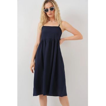 Rochie midi dama -  cu decolteu patrat - viscoza/nylon - bleumarin