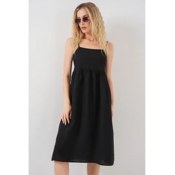 Rochie midi dama -  cu decolteu patrat - viscoza/nylon - negru