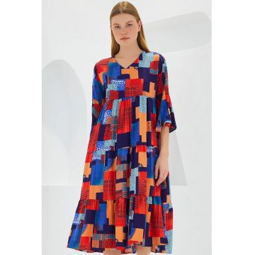 Rochie midi dama -  decolteu in V - viscoza - multicolor