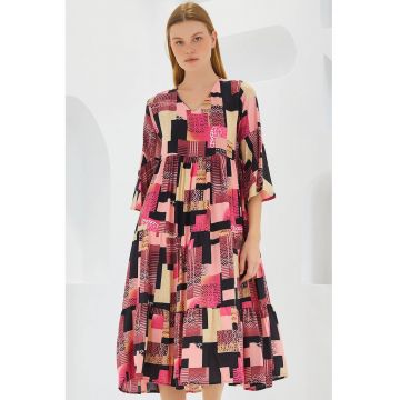 Rochie midi dama -  decolteu V - viscoza - multicolor