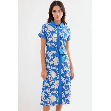 Rochie midi dama  imprimeu floral - poliester - albastru