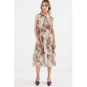 Rochie midi dama  imprimeu floral - poliester - maro/bej