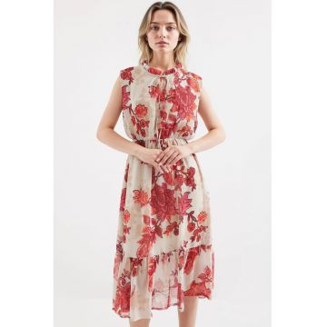 Rochie midi dama  imprimeu floral - poliester - rosu/bej