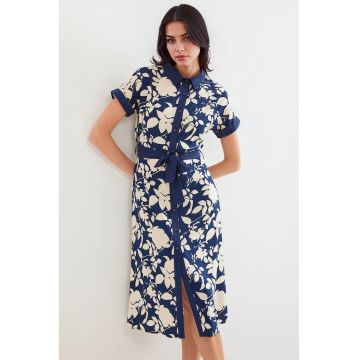 Rochie midi dama  imprimeu floral - viscoza - bleumarin/alb