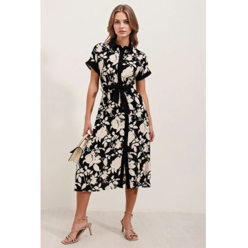 Rochie midi dama  imprimeu floral - viscoza - negru/crem -