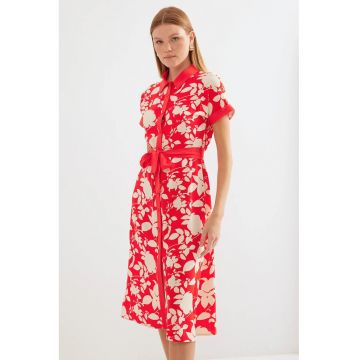 Rochie midi dama  imprimeu floral - viscoza - rosu/crem