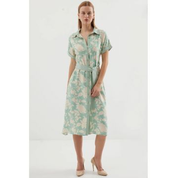 Rochie midi dama  imprimeu floral - viscoza - verde/bej