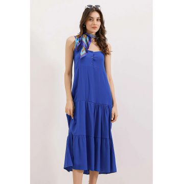 Rochie midi dama -  lejera - decolteu patrat - poliester - albastru