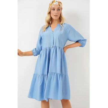 Rochie midi dama  maneci trei sferturi - viscoza/nylon - albastru