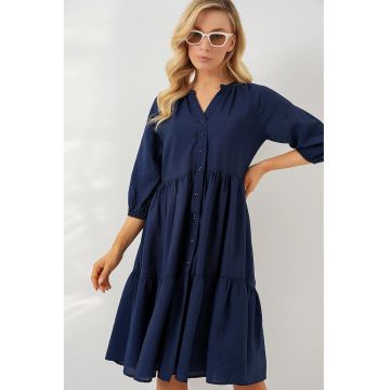 Rochie midi dama  maneci trei sferturi - viscoza/nylon - bleumarin
