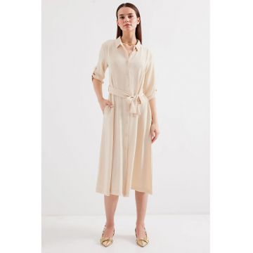 Rochie midi dama  poliester/lycra - cu guler camasa si cordon - bej
