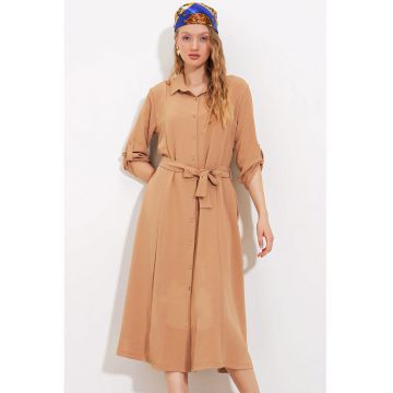Rochie midi dama  poliester/lycra - cu guler camasa si cordon - maro