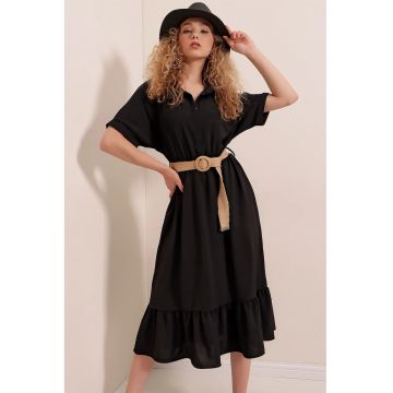 Rochie midi dama  poliester/lycra - cu guler camasa si cordon - negru -