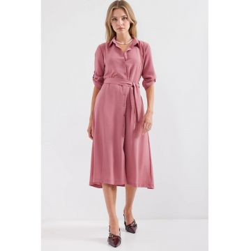 Rochie midi dama  poliester/lycra - cu guler camasa si cordon - roz