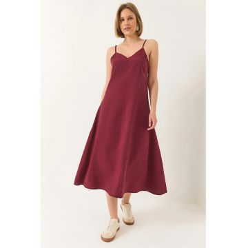 Rochie midi -  decolteu in V - fermoar - rosie - bumbac/poliester