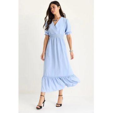 Rochie midi -  decolteu in V - funda - albastru - poliester-bumbac