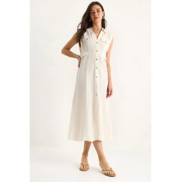 Rochie midi  decolteu in V - funda - bej - viscoza-bumbac