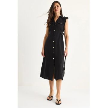 Rochie midi  decolteu in V - funda - negru - viscoza-bumbac