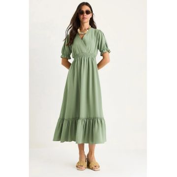 Rochie midi -  decolteu in V - funda - verde - poliester-bumbac