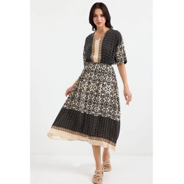 Rochie midi -  decolteu in V - imprimeu - negru - viscoza