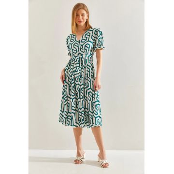 Rochie midi -  decolteu in V - model geometric - alb-verde - viscoza -