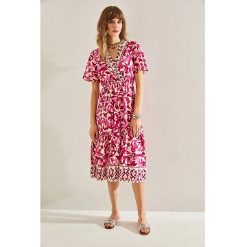 Rochie midi -  decolteu in V - volane - roz - bumbac -
