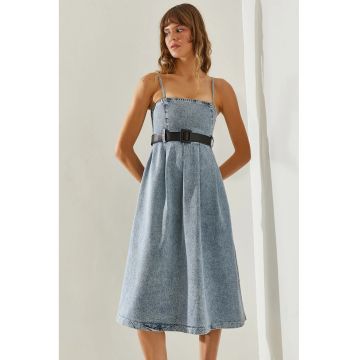 Rochie midi din denim  curea - guler patrat - albastru - bumbac