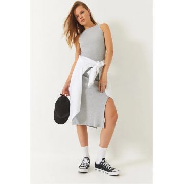 Rochie midi -  dungi - crapatura - gri - bumbac-lycra