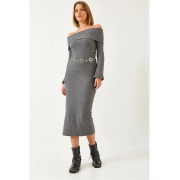 Rochie midi -  fara bretele - gri - poliester-bumbac - nervuri