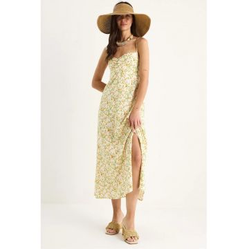 Rochie midi -  fara bretele - imprimeu floral - crapatura - viscoza