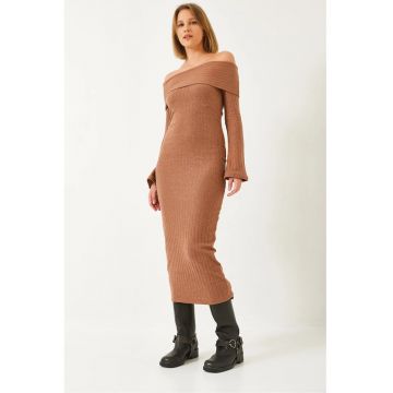 Rochie midi -  fara bretele - texturata - maro - poliester-bumbac