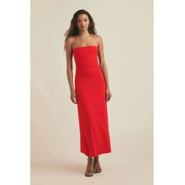 Rochie midi fara umeri cu drapaje