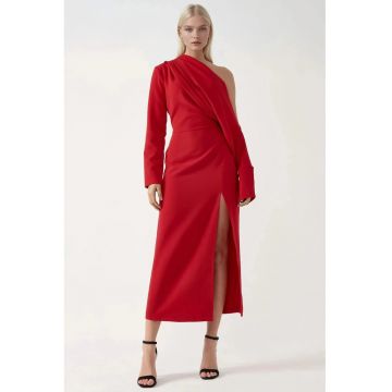 Rochie midi -  guler asimetric - crapatura - rosu
