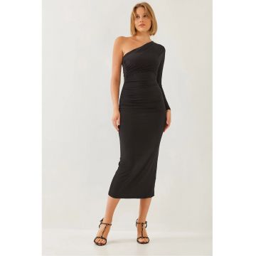 Rochie midi -  guler asimetric - volane - negru - poliester-lycra